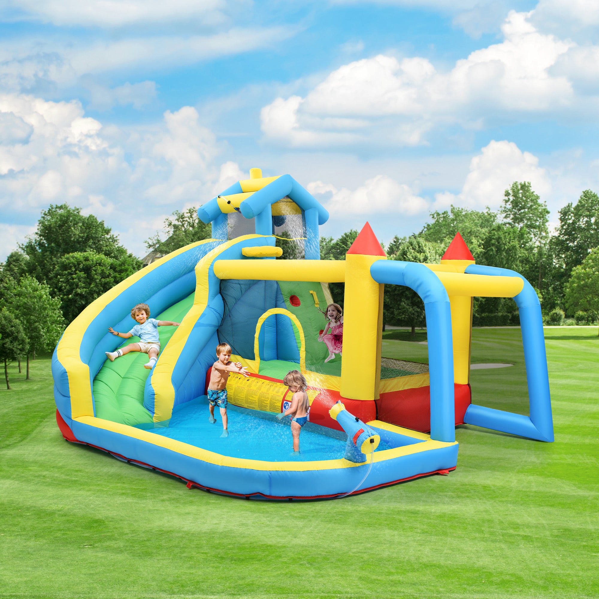 Aire de jeux 5 en 1 avec toboggan, zone de saut, piscine d'eau, filet de football - 364 x 315 x 239 - Tissu Oxford - Bleu - 2