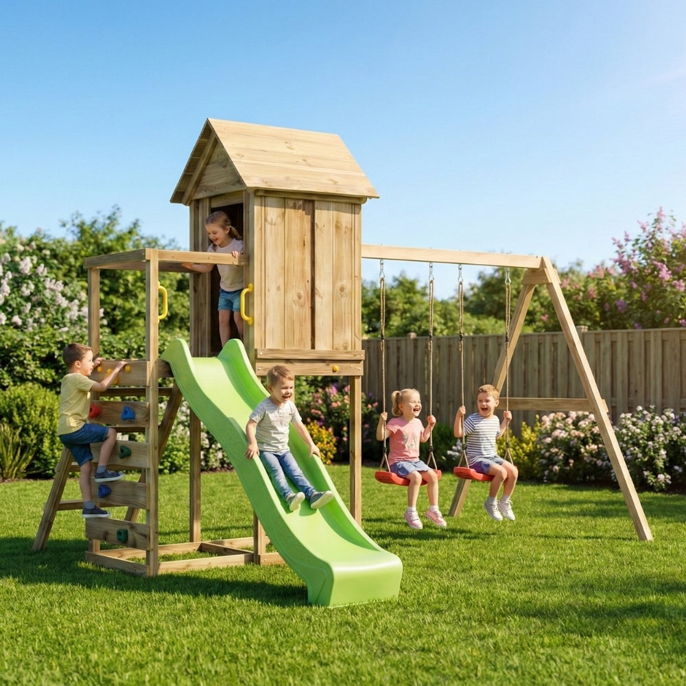 Cabane surélevée en bois pour enfants Maxplay 5 avec toboggan vert, double balançoire et mur d’escalade - 2