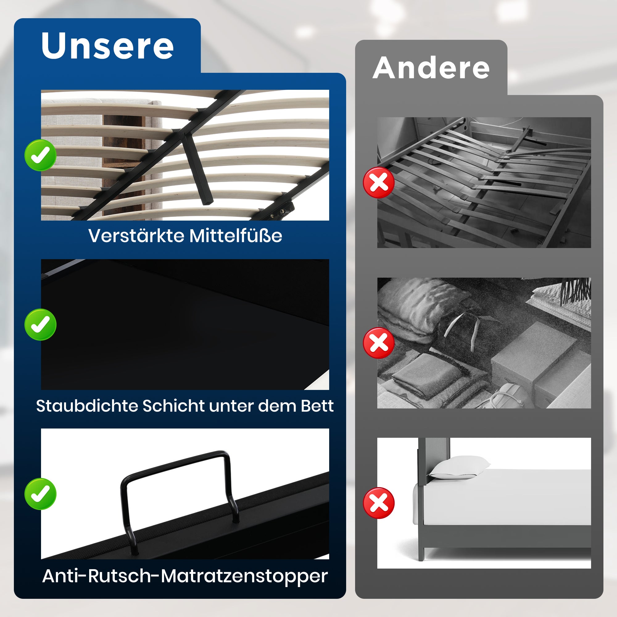 Letto matrimoniale con contenitore 140 x 200 cm, letto idraulico,con ricarica wireless USB C e rete, testiera imbottito con scaffale,cotone grigio - 6