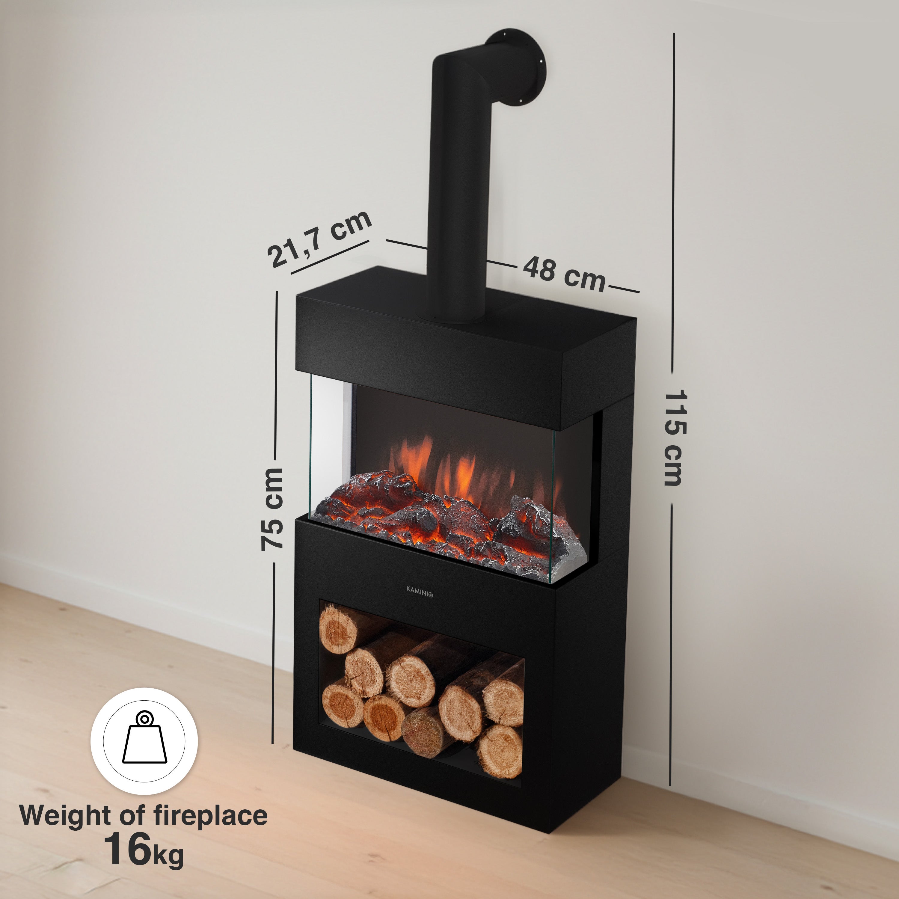 KAMINIO Cheminée électrique HENRI avec tuyau de poêle - Poêle électrique Chauffage, Flamme 3D, lumière d'ambiance, Casier à Bois, télécommande - Noir - 6