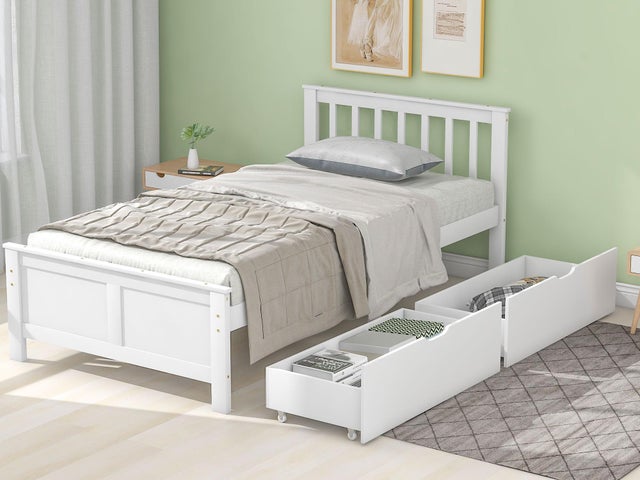 Lit simple 90x200cm en bois massif avec 2 tiroirs - Blanc