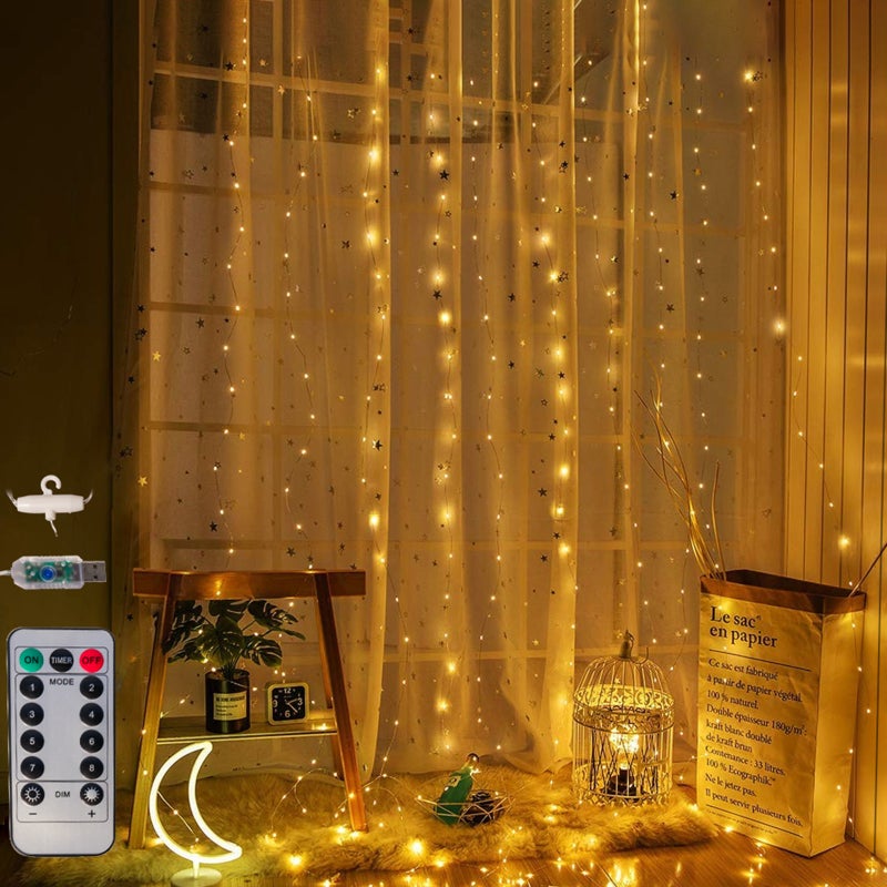 Rideau lumineux 3x2 m, 200 LED USB, télécommande incluse, lumières scintillantes suspendues, intérieur extérieur, décoration mariage, blanc chaud - 5