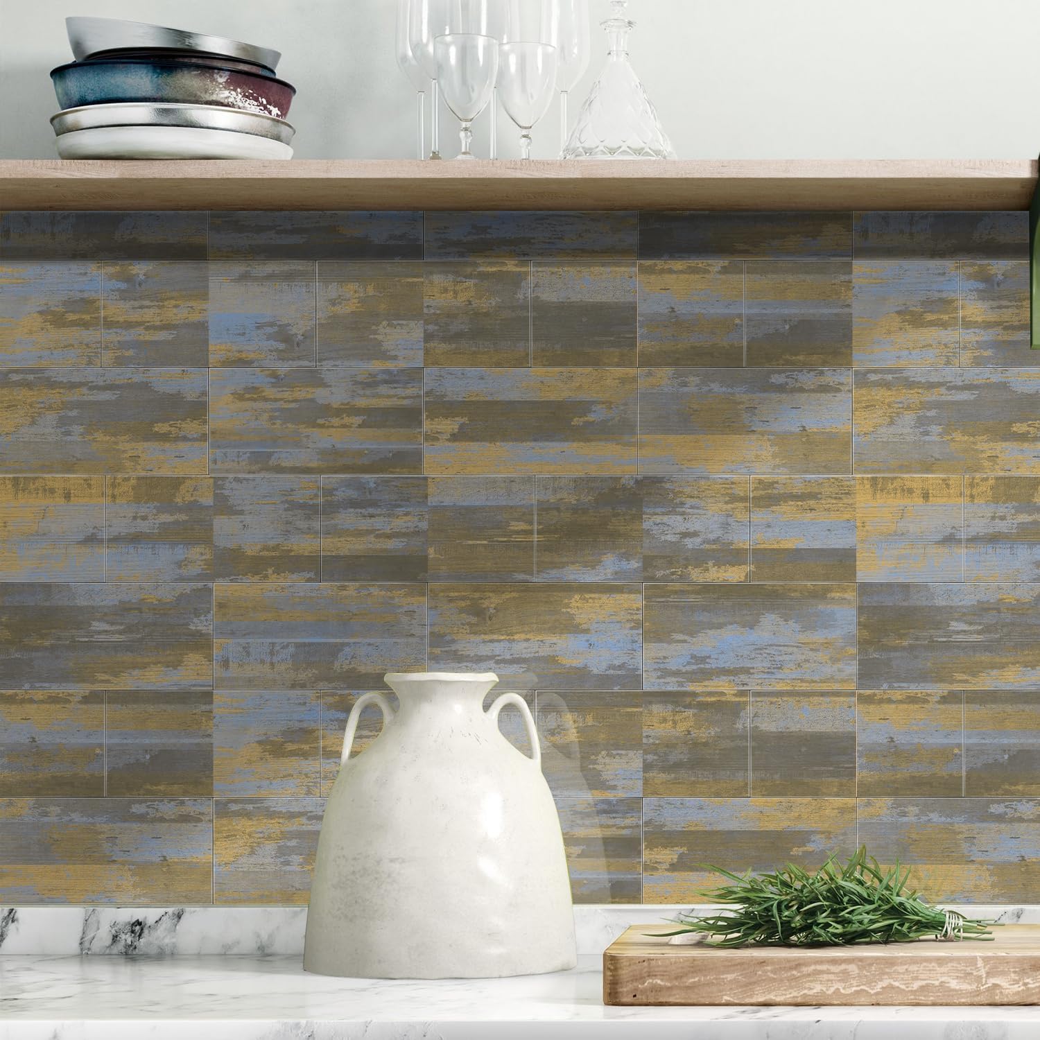 Rivestimento per Parete 3D Giallo Marmorizzato - 16 Pannelli Impermeabili, Anti-Umidità e Anti-Muffa per Cucina e Bagno - 7