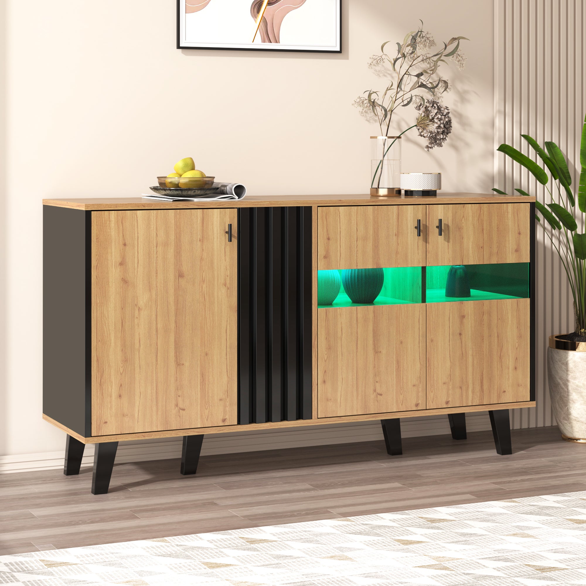 Komoda niska z 3 drzwiami - 140 x 78,5 x 41 cm - Szkło i płyta wiórowa - Diody LED - Naturalny - 8
