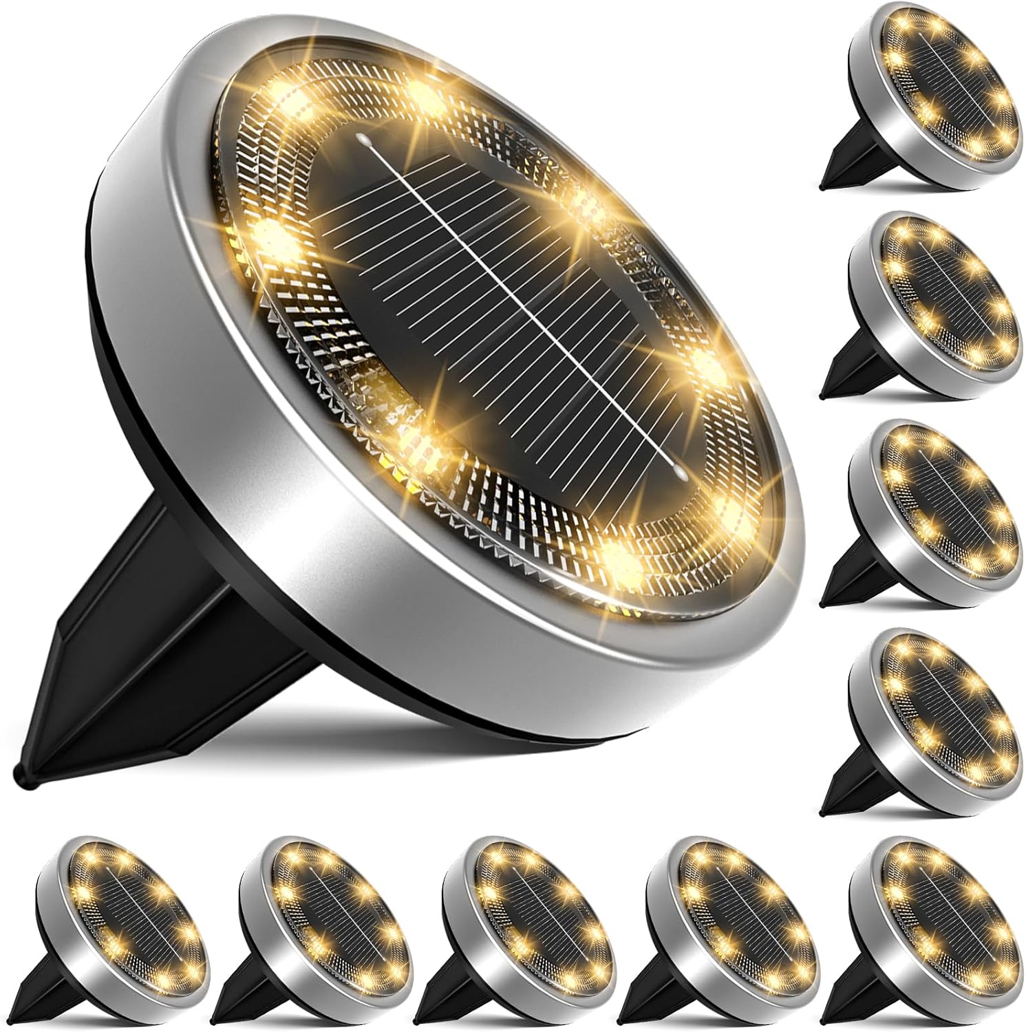 Lampa solarna, lampa gruntowa LED, lampa ogrodowa, 8 diod LED, wodoodporna, [ciepłe białe światło], opakowanie 10 szt.