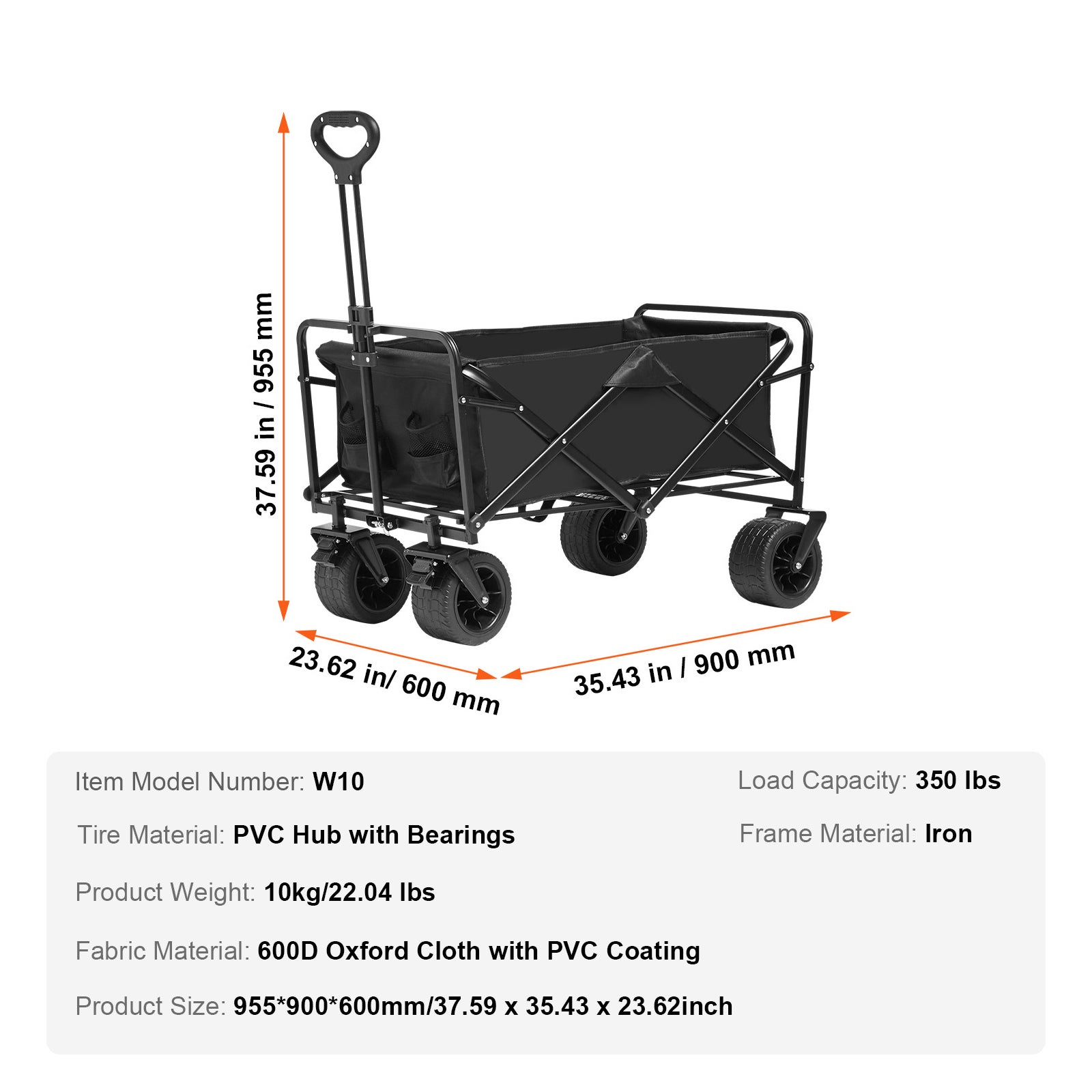 Chariot pliable,VEVOR chariot de plage de 3 pieds cubes avec roues tout terrain,chariot pliable robuste,capacité de poids de 350 lb porte-boissons - 9