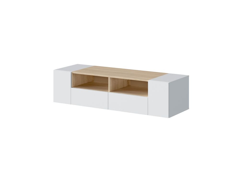 Meuble TV ALICE 4 portes et 2 niches de rangement L138cm - Blanc / Bois - 4