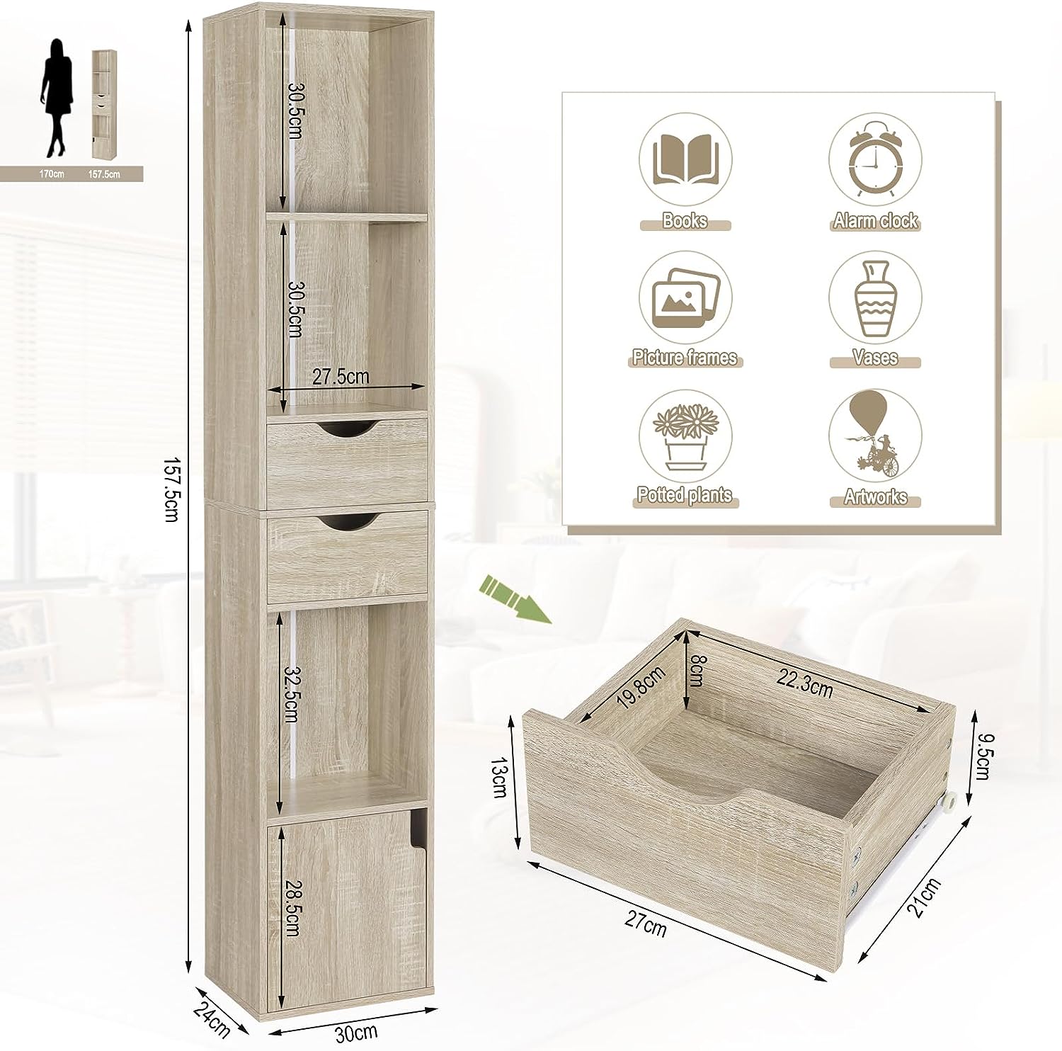 WOLTU Bibliothèque Étagère.Colonne avec 3 Compartiments Ouverts.2 Tiroirs et 1 Casier.30x24x158cm.Chêne Clair - 4