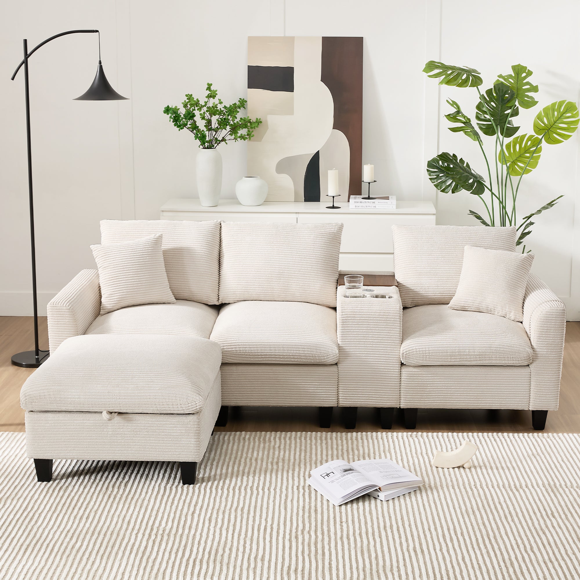 Nowoczesna sofa - z konsolą - 2 uchwyty na kubki - port ładowania USB - kieszenie na podłokietnikach - z poduszkami - beżowa - 6