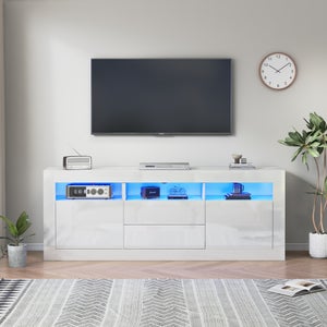 Meuble TV LED SIRHONA Blanc Laqué - Éclairage LED 16 Couleurs, Suspendu Ou Sur Pied