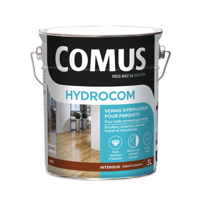 HYDROCOM MAT SOIE - Incolore 3L - Vitrificateur polyuréthane acrylique mono-composant parquets escaliers et boiseries - COMUS