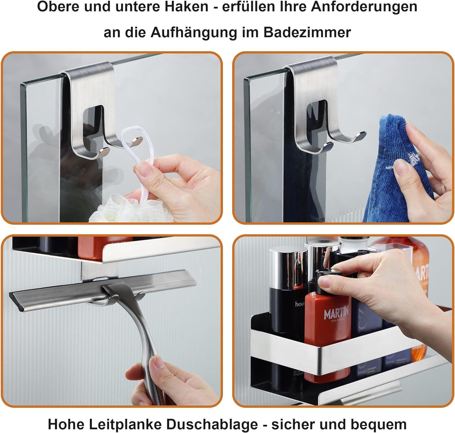 Support de douche suspendu – pour suspendre une paroi de douche en verre, support de rangement de douche avec crochets de porte en verre sans cadre - 3