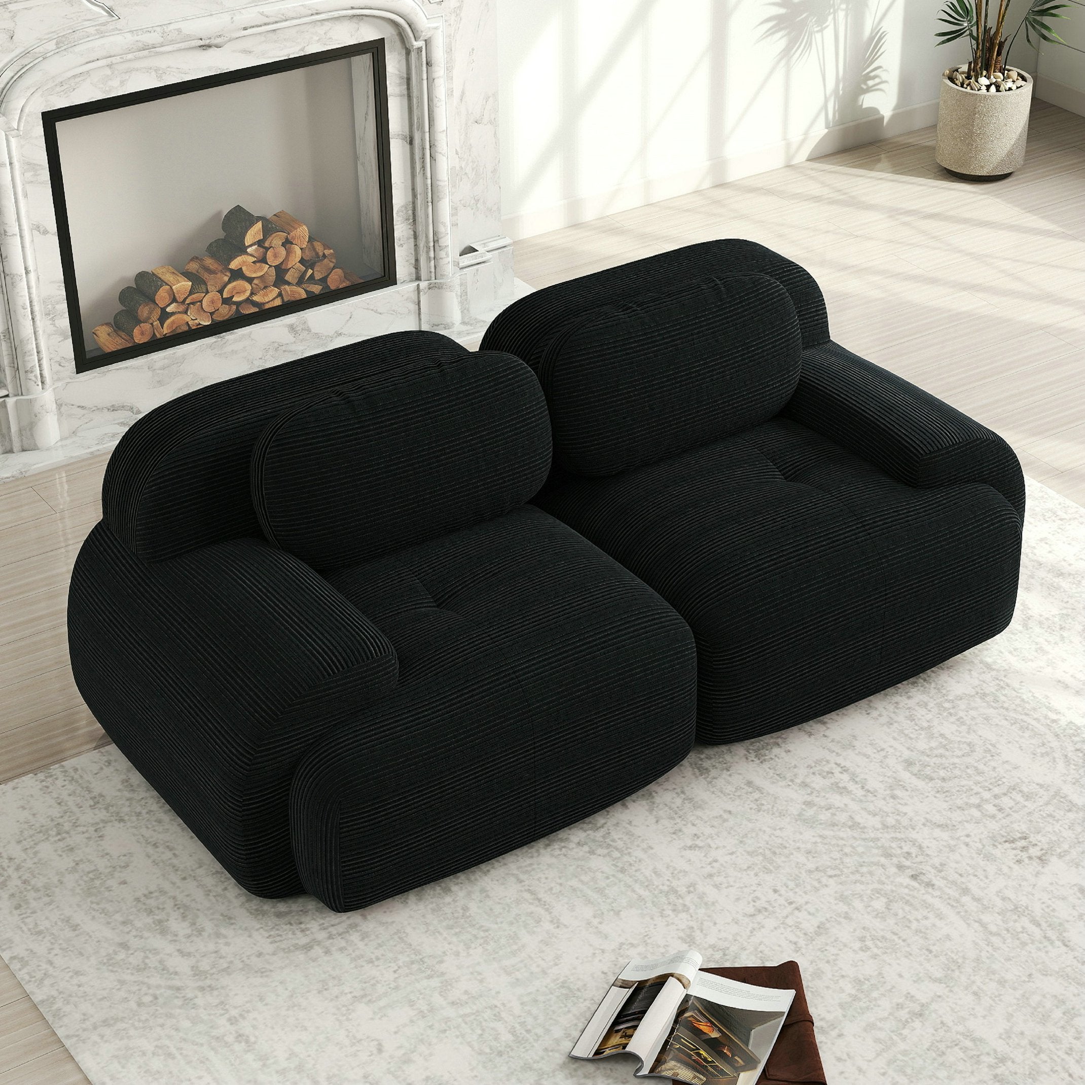 Canapé d\'angle 2 places 208 cm, modulable avec accoudoirs incurvés, antidérapant - pieds élargis – tissu velours côtelé – noir - 3