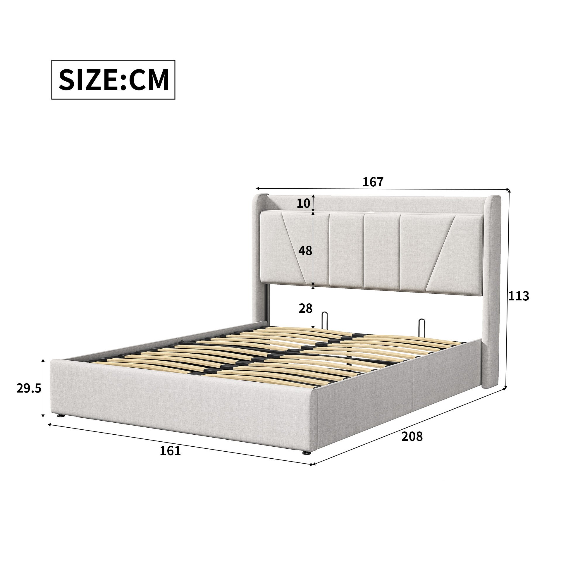 Lit coffre 160x200 cm avec port USB et Type C, cadre de lit double avec sommier à lattes, tissu en lin, lit adulte, 160x200 cm, beige - 6
