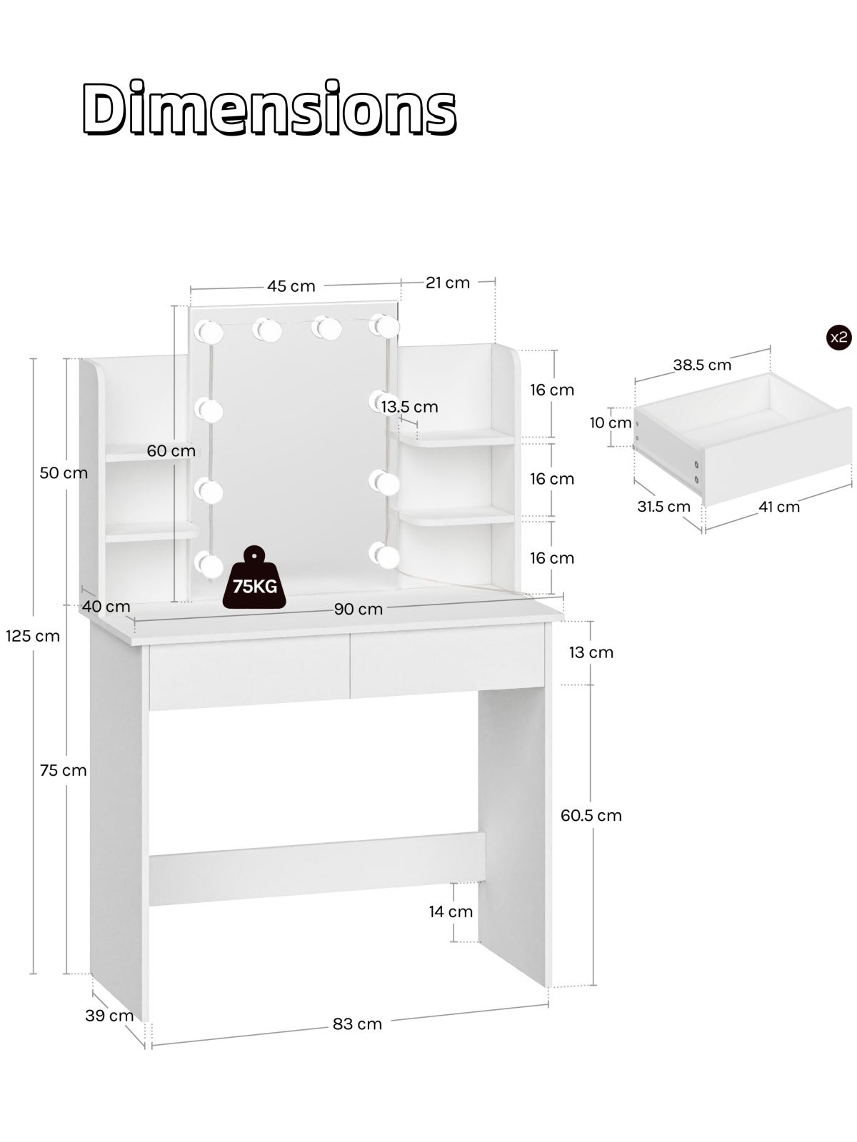 Coiffeuse avec miroir en MDF Blanc H. 135 x l. 40 x P. 40 cm - 4
