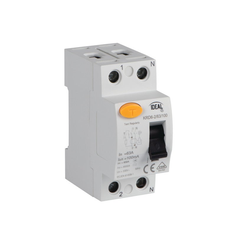 Disjoncteur différentiel 2P 63A 100mA Rail TH35 IP20 Blanc — free download