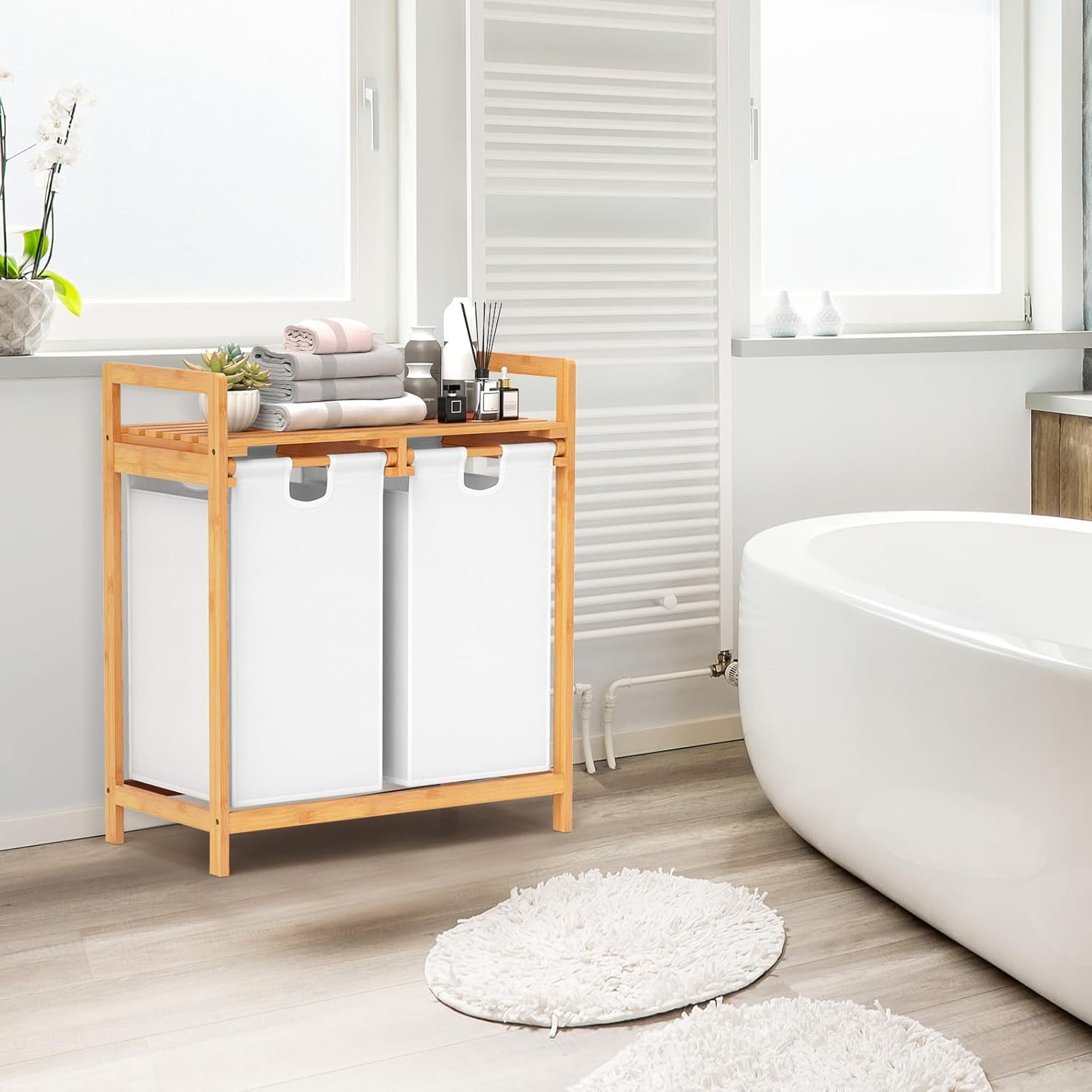 GIANTEX Panier à Linge avec Étagère en Bambou, Bac à Linge avec 2 Compartiments Coulissants, 2