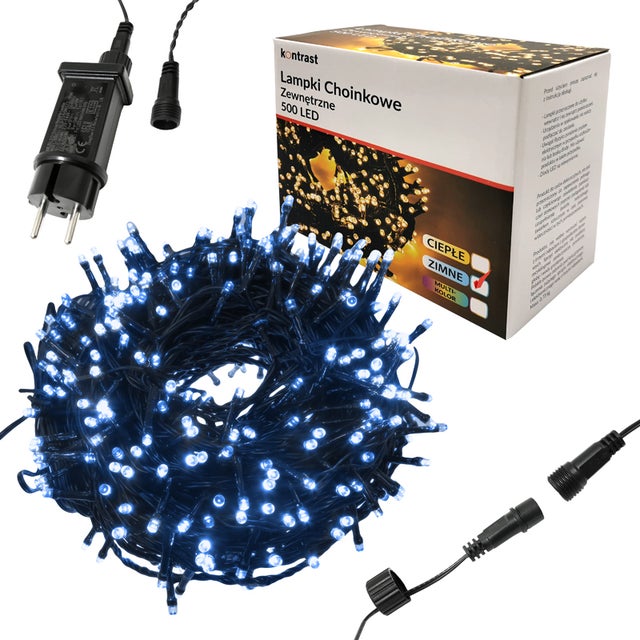 Lampki choinkowe świąteczne zewnętrzne 500 led białe zimne IP44 programator