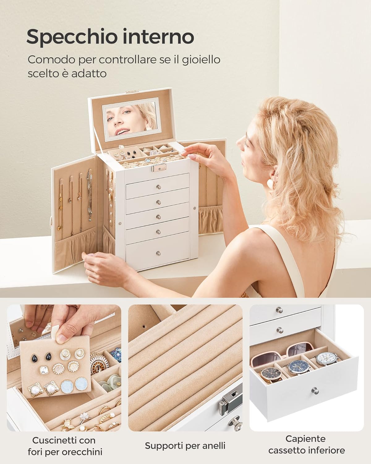 Scatola Portagioie 6 livelli, 5 cassetti, specchio interno, chiusura a chiave, idea regalo, per orologi, bianco, Regalo Natale - 7
