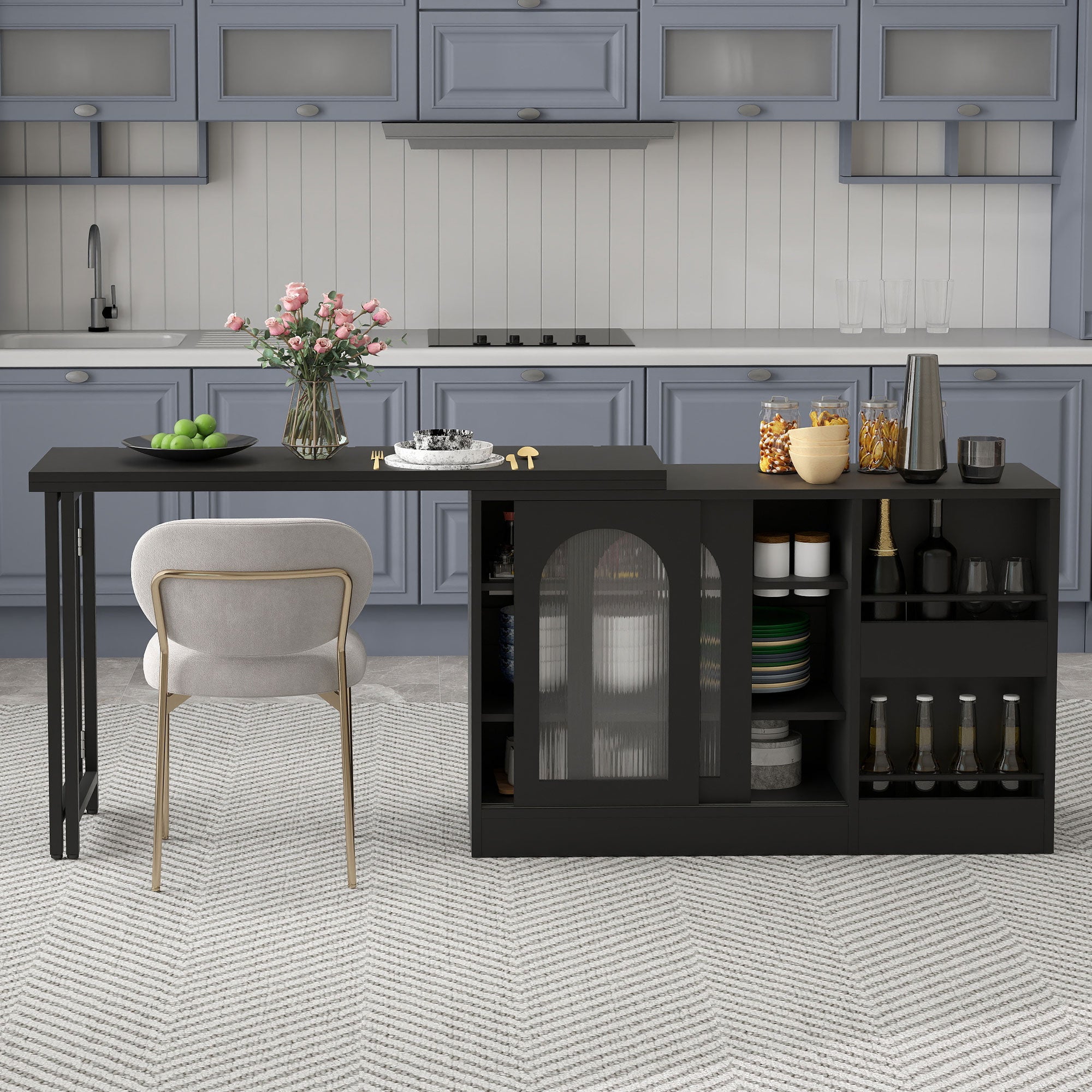 Obrotowa, rozkładana szafka barowa 360° z 2 drzwiami i 2 półkami – 121,5 x 40 x 76,7 cm – MDF – czarna