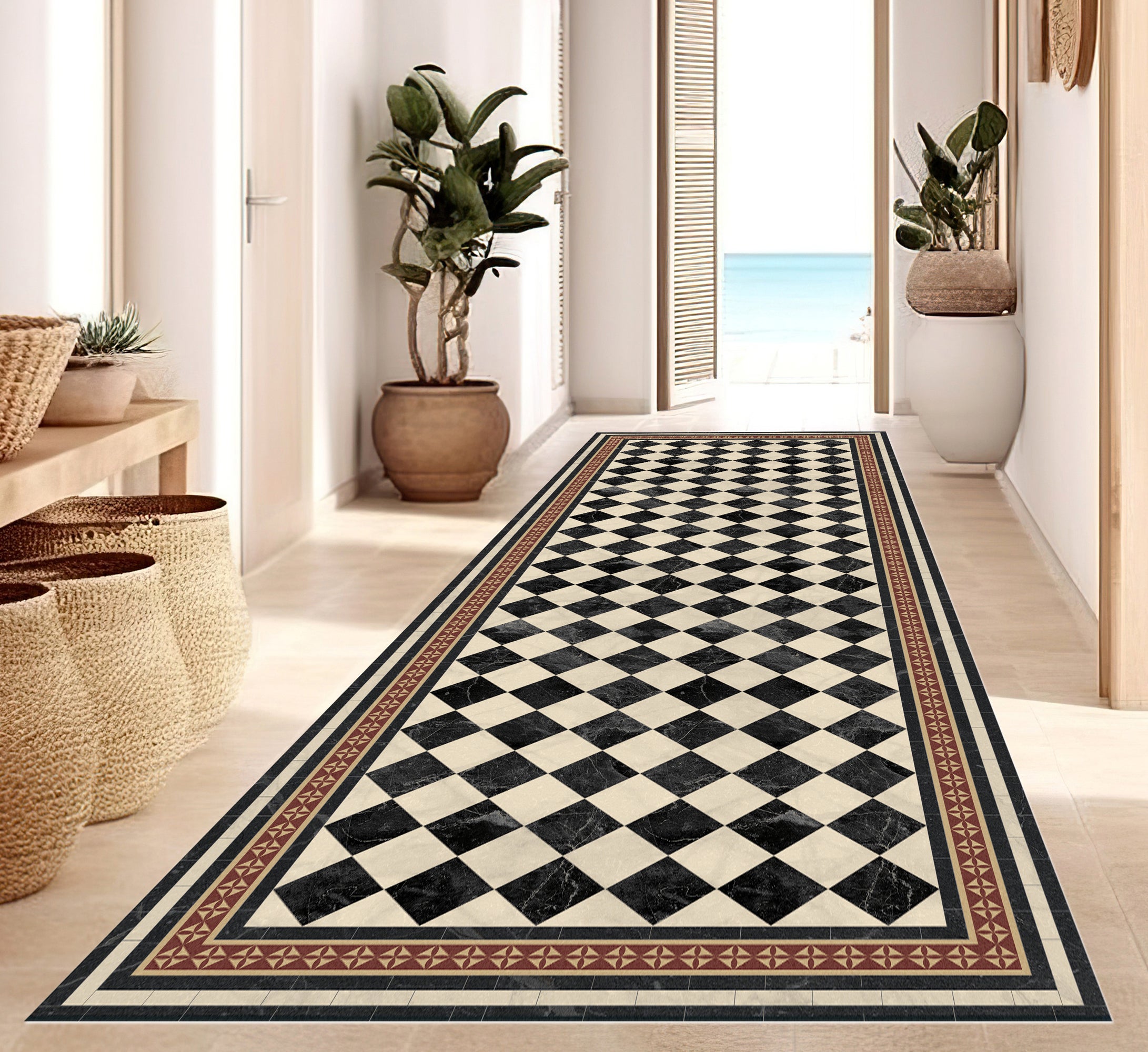 Dywan winylowy Scacchi 80x300 cm - antypoślizgowy PVC, winylowy do kuchni lub salonu, zmywalny, styl hydrauliczny