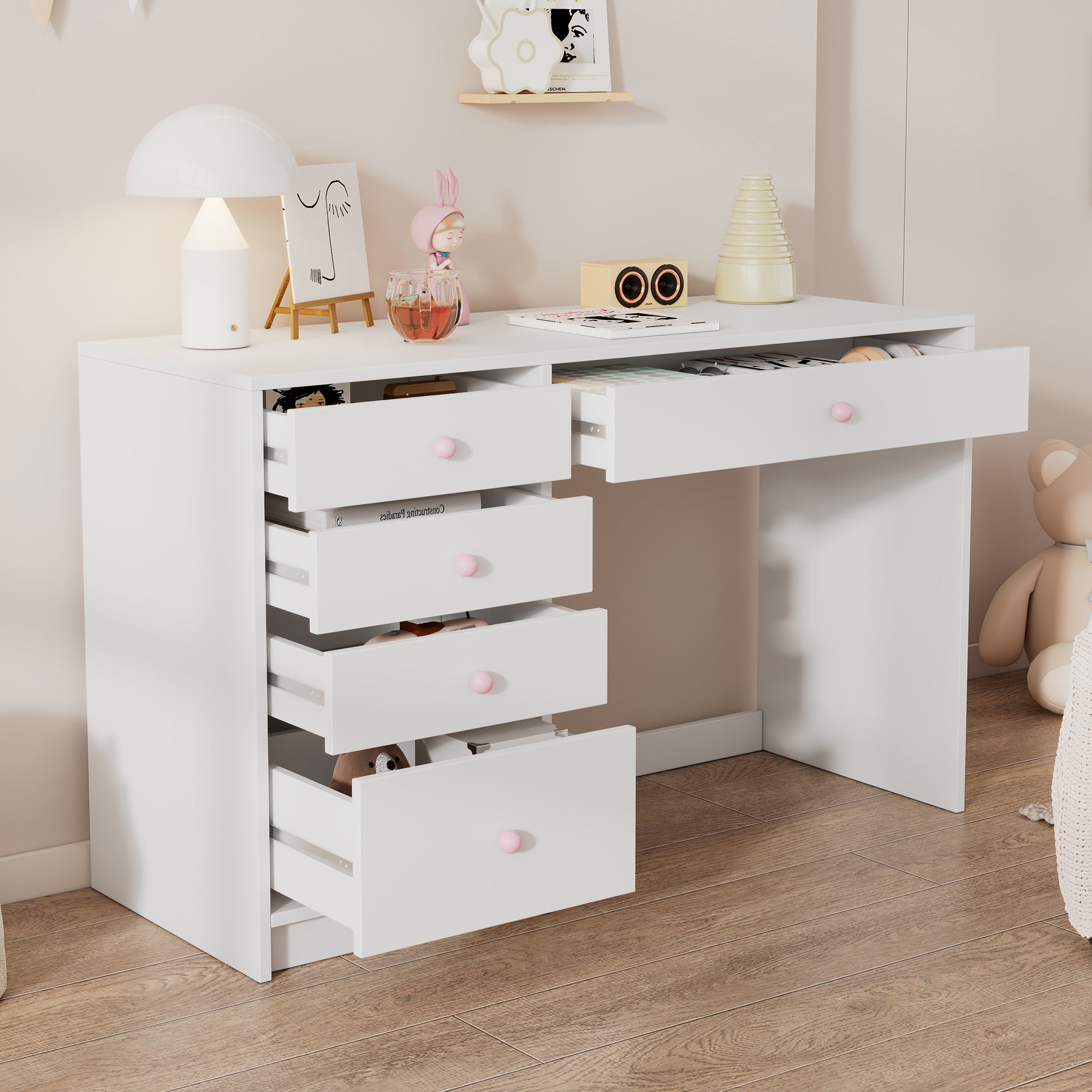 Bureau avec 5 tiroirs - 120 x 45 x 74 cm - MDF et poignées en céramique rose - Blanc - 2