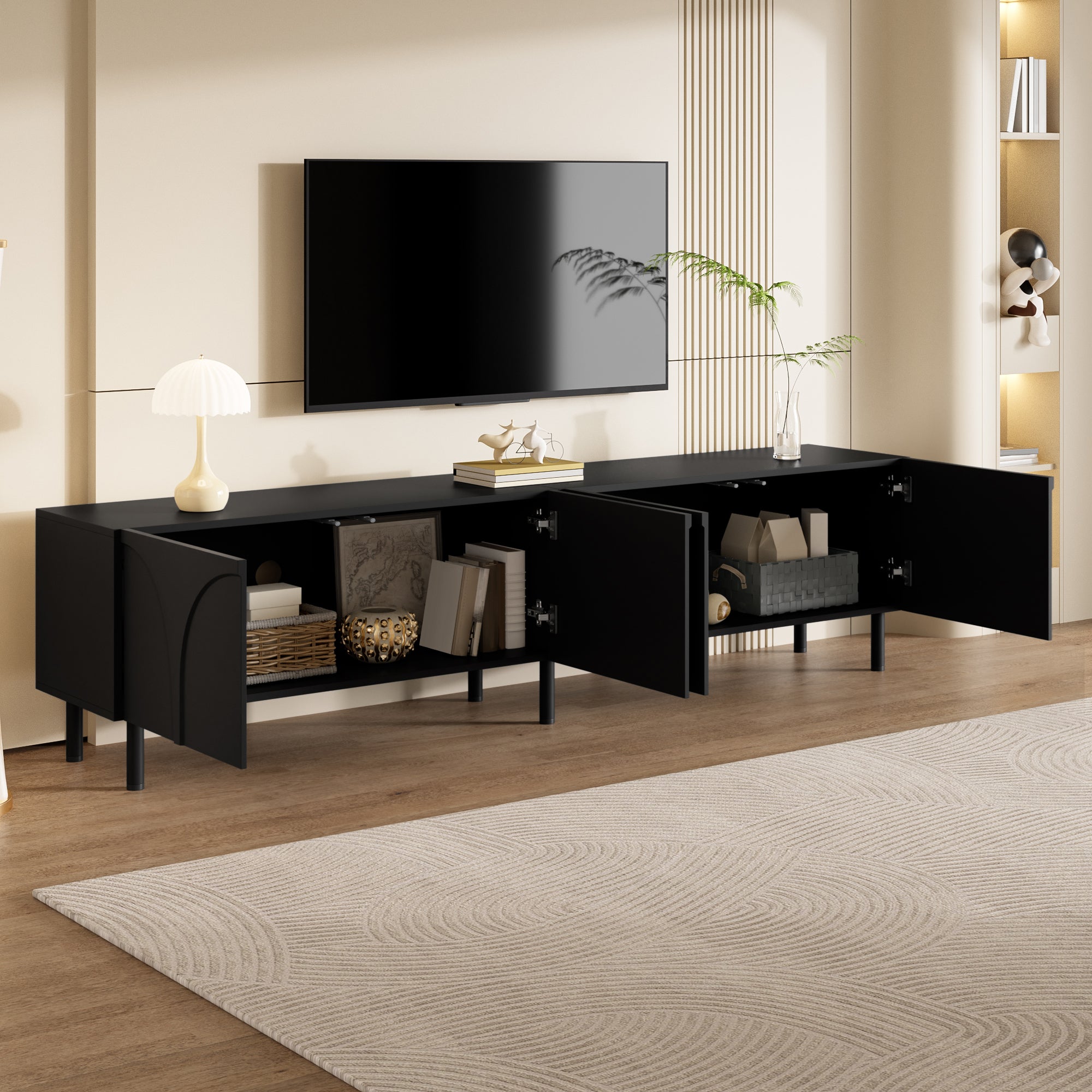 Stojak pod telewizor z 4 drzwiami o trójwymiarowych zakrzywionych liniach – 180 x 35 x 49 cm – Płyta wiórowa i MDF – Nogi metalowe – Czarny - 3