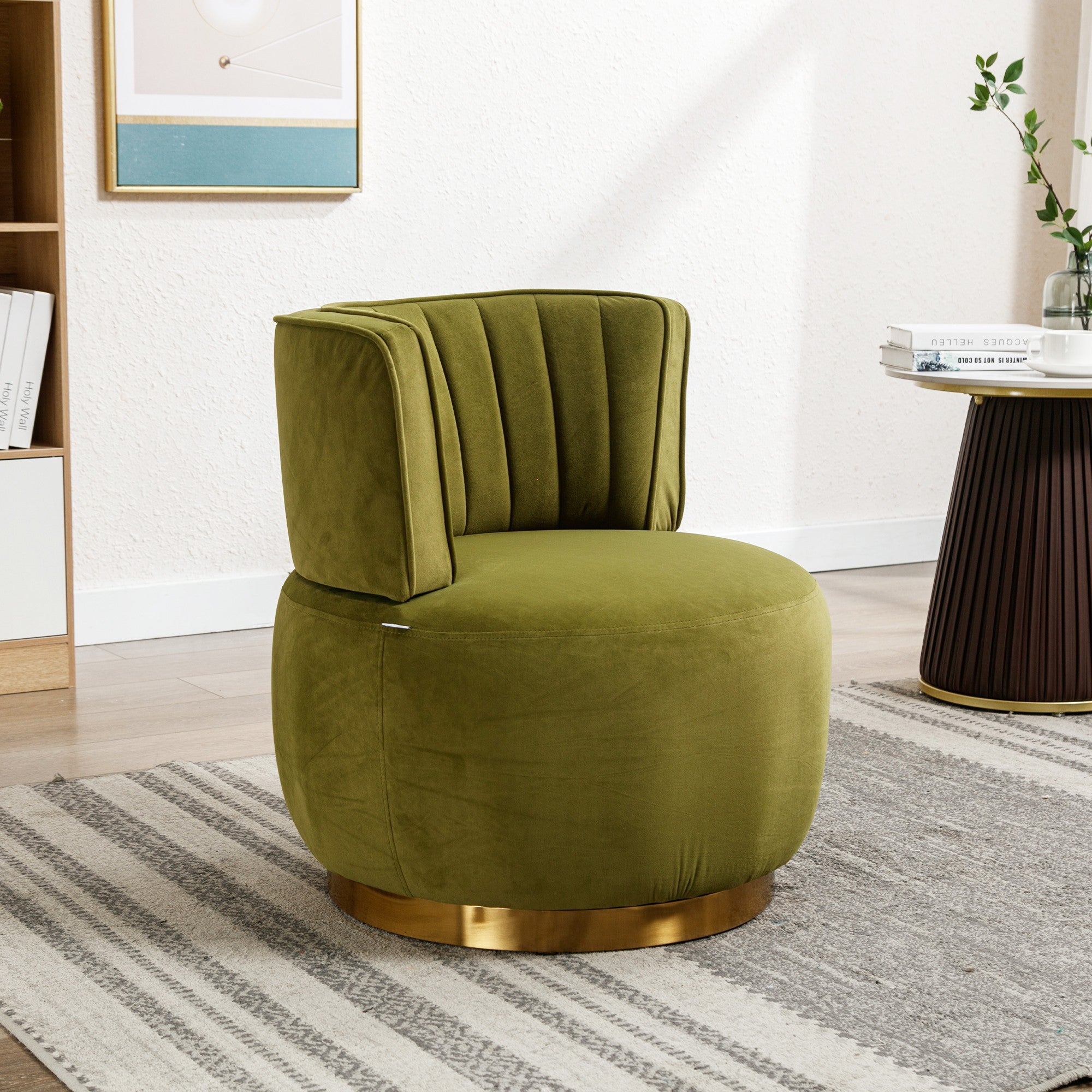 Fauteuil Pivotant 360° Velours Vert Olive - Chaise Lounge Moderne & Confortable - Structure Bois Robuste pour Salon & Chambre - 3