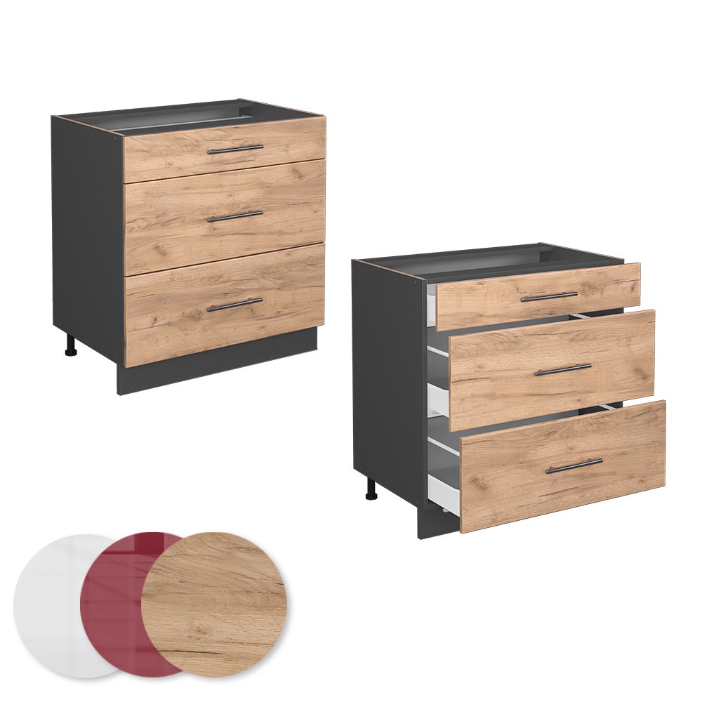 Vicco Meuble cuisine Fame-Line, Chêne de force doré, 80cm avec 3 tiroirs, sans PT - 5
