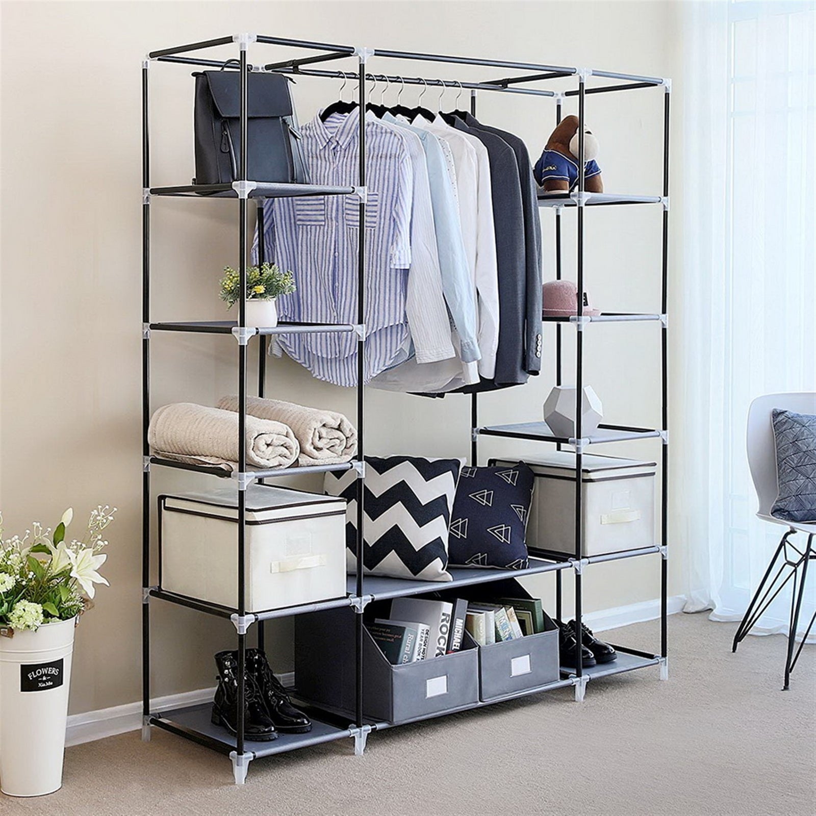 Armoire De Rangement Portable 5 étages 125x28x40 Cm - En Acier Et Tissu Anti-poussière Pour Vêtements