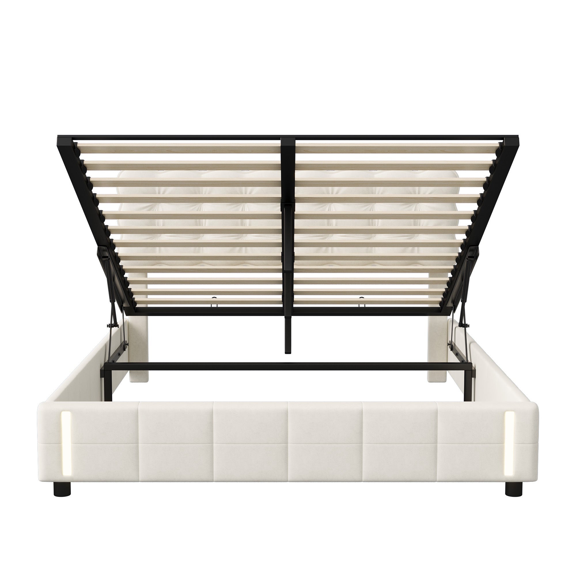 Lit coffre 140x190 avec sommier, velours, rangement, lit double adulte, lumière chaude à capteur, lit capitonné style scandinave - Beige - 3