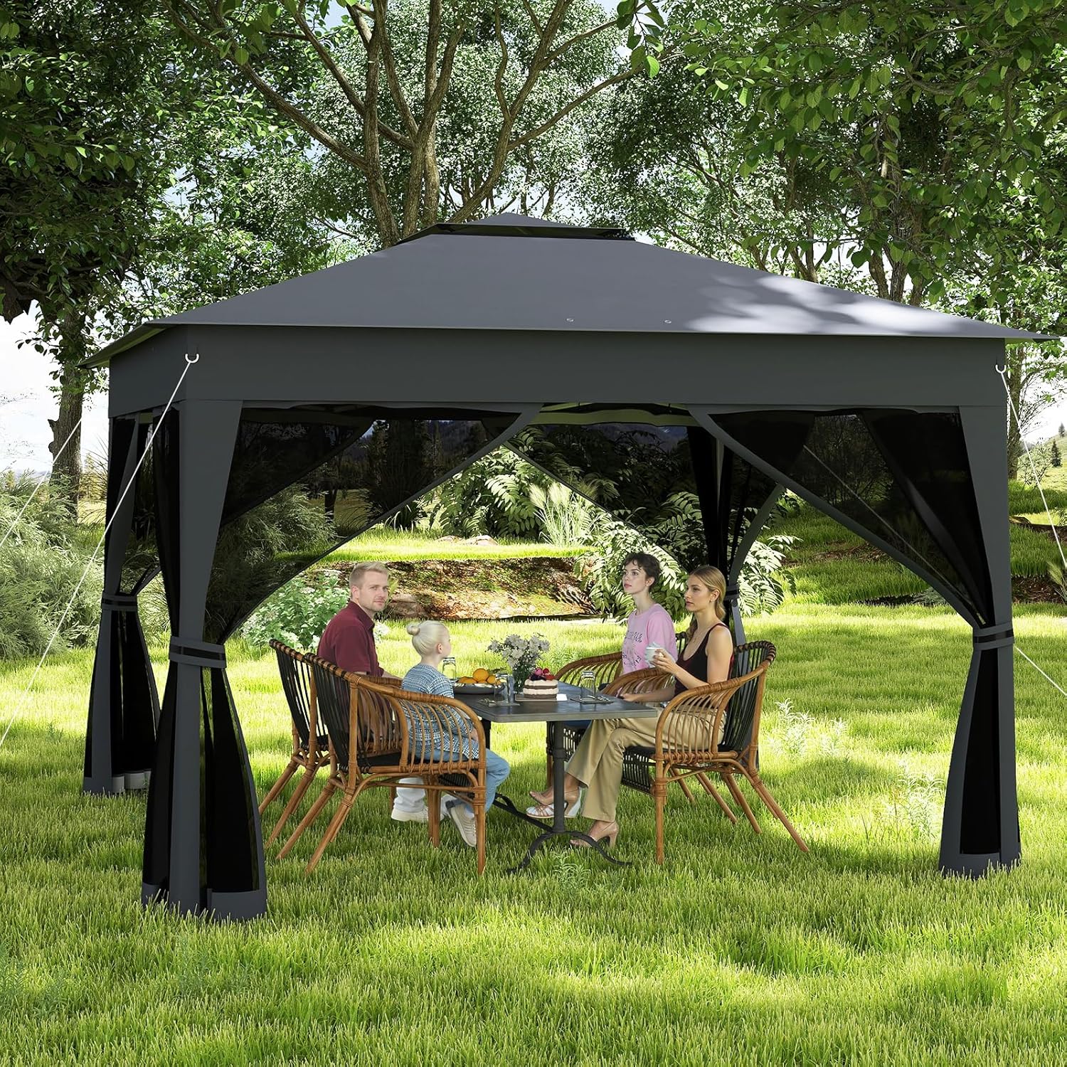 Tonnelle Pliante 3x3 avec Moustiquaire, Tonnelle de Jardin Extérieur, Toit Double en Oxford, Hauteur Réglable, Barnum Pliant avec Sac Transport (Gris) - 9