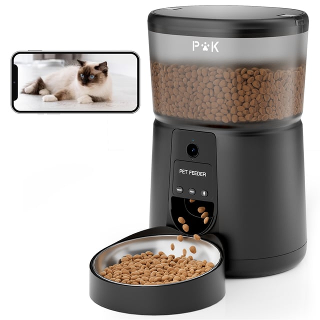 Distribuidor automático de comida para gatos, alimentador automático para gatos de 4 litros com câmara WiFi 1080P 2.4G e gravação de voz (preto)