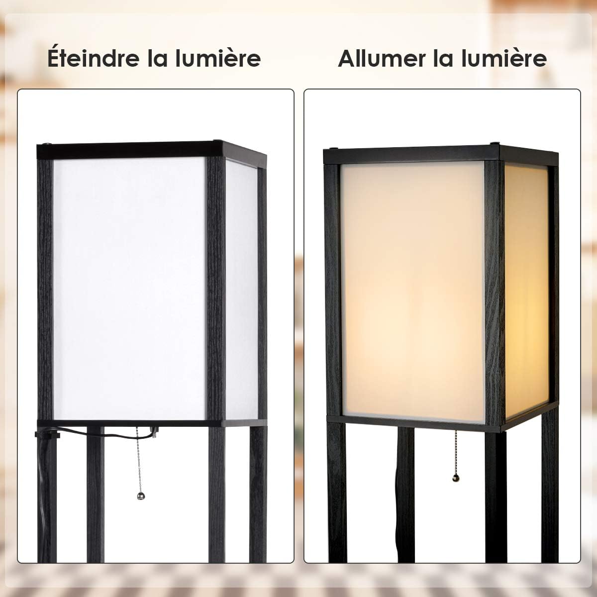 Lampadaire Interieur 1,6M avec Tablettes de Rangement a 3 Niveaux, Lampe sur Pied, Abat-jour en Tissu, Ampoule E27+60W(NON Inclue) (Noir) - 3
