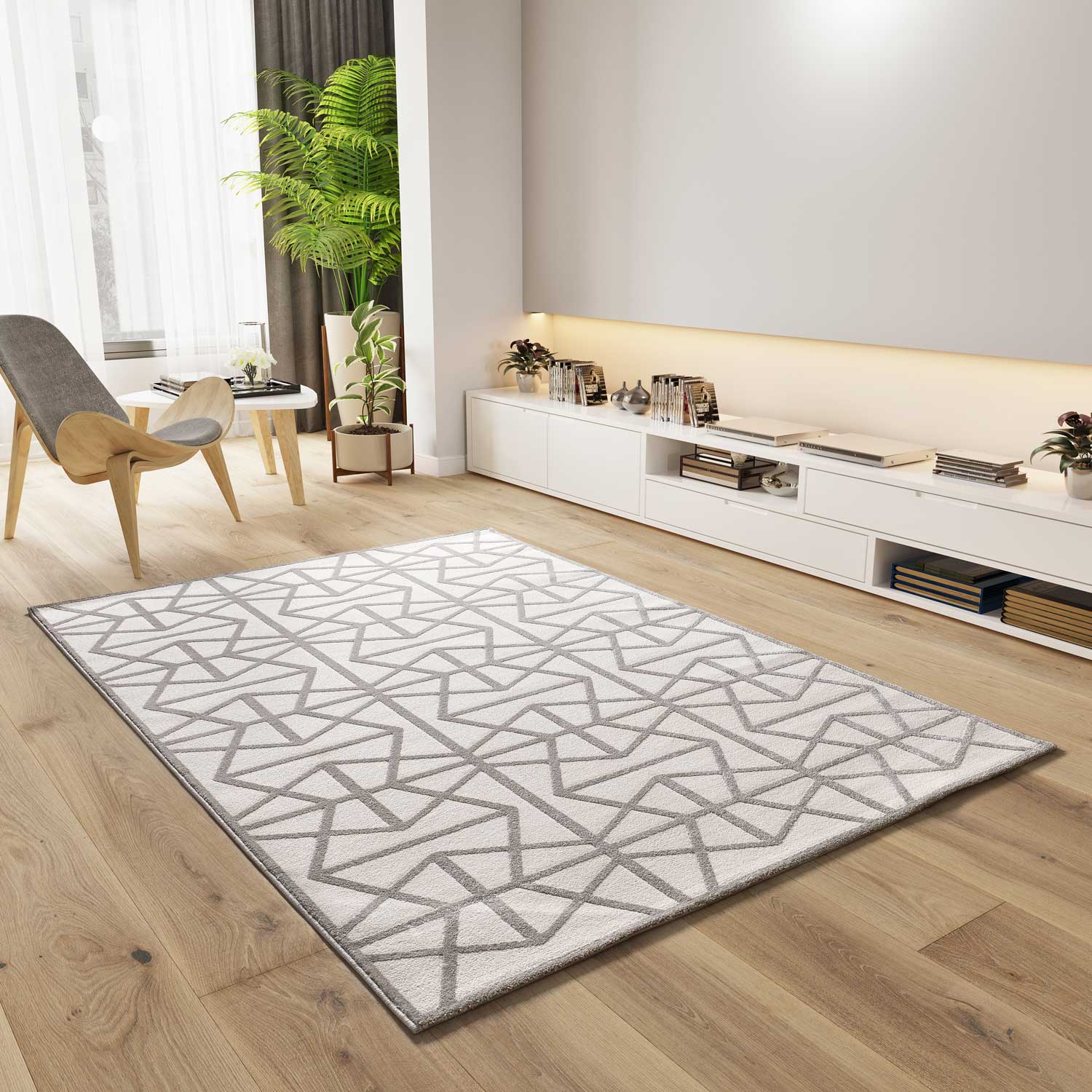 Prostokątny srebrny dywan wewnętrzny 160 x 230 cm FLORA z geometrycznym tłoczeniem - ATTICGO