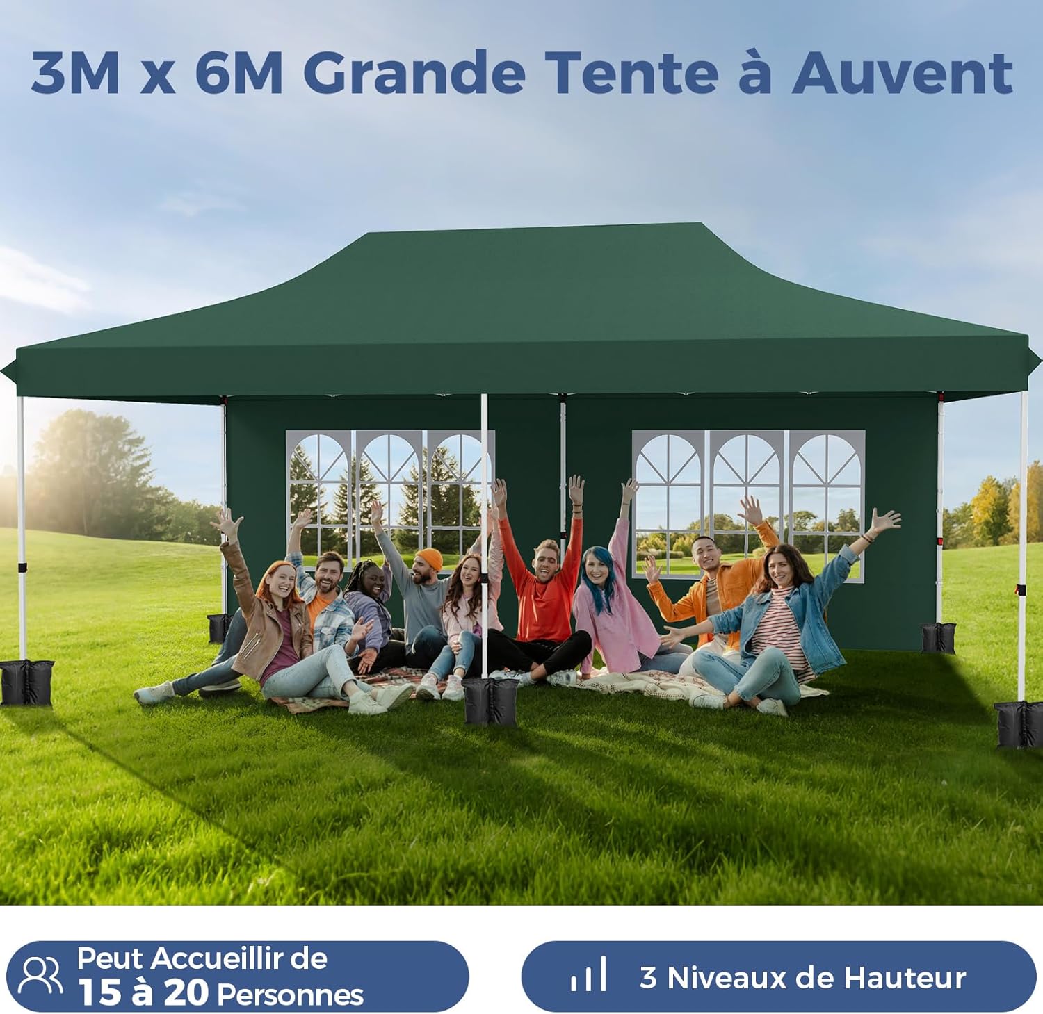 Tonnelle Pliable 3x6M avec 6 Parois Latérales, Barnum Tente de Réception Pliante Anti-UV 50+, Imperméable, 6 Sacs de Sable,Sac de Transport, Vert - 3
