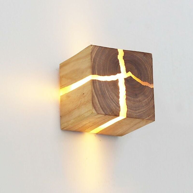 Drewniana Lampa Ścienna 8cm Pęknięta Naturalna Oryginalny Design, Prosty Kreatywny Kinkiet Kwadratowa Dekoracja Lampa Nocna 5W
