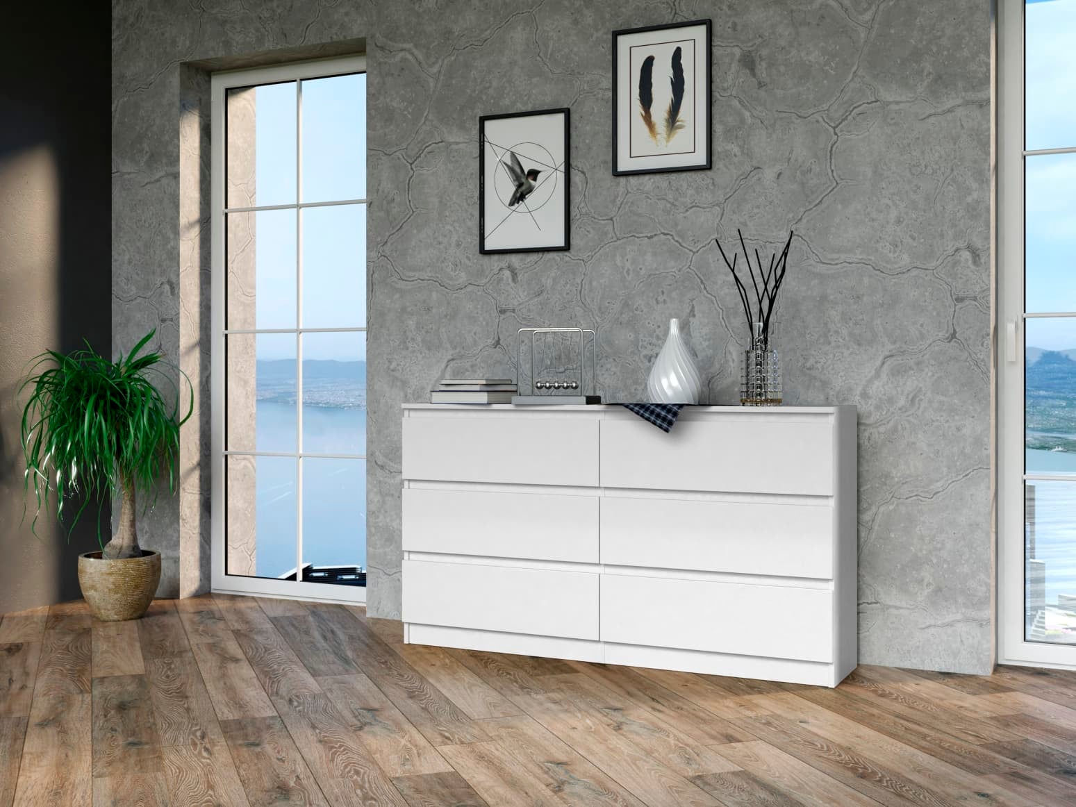 ASTER - Cassettiera grande per camera da letto soggiorno ufficio - 6 cassetti - 138x40x75cm - 6 cassetti - Stile scandinavo - 4