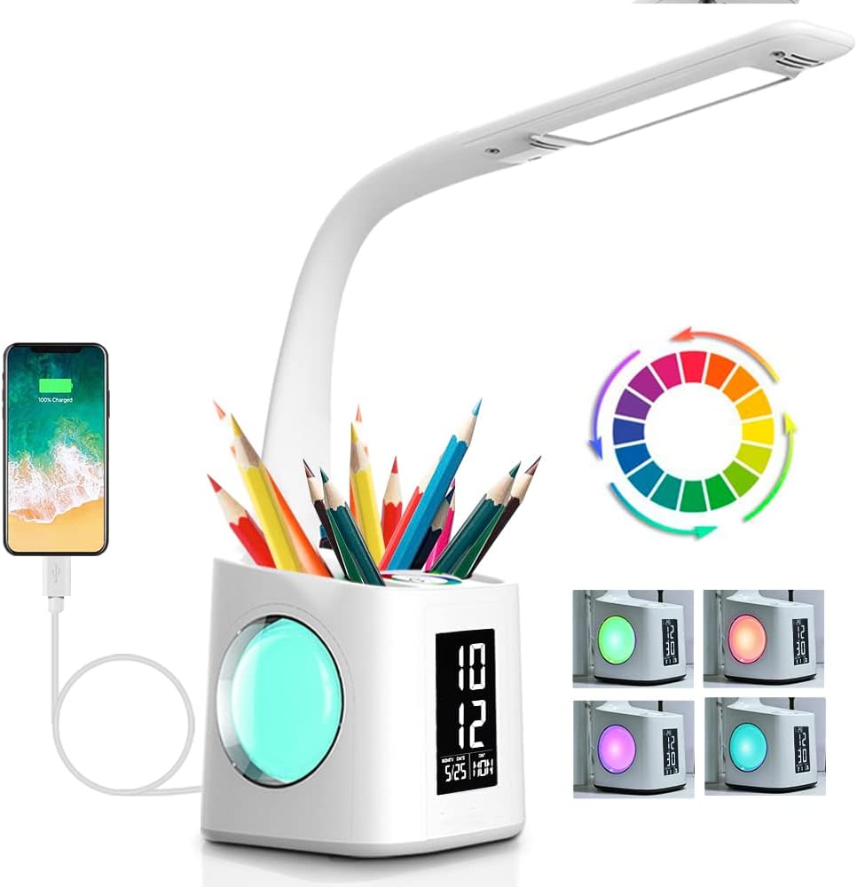 Lampka biurkowa LED dla oczu, lampa do nauki, port ładowania USB, nastrojowa lampka nocna z uchwytem na długopis