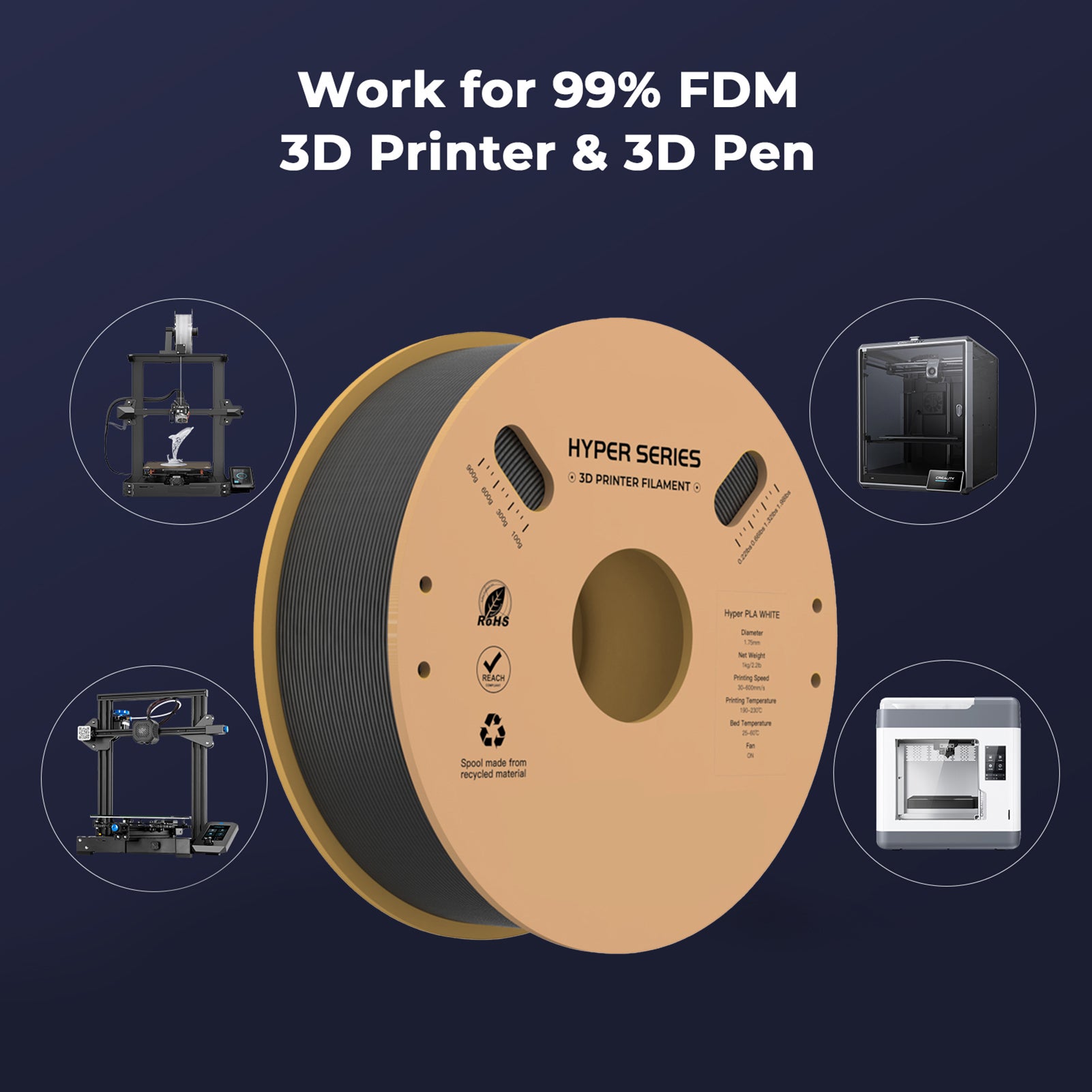 Filamento per stampa 3D Hyper PLA, 1,75 mm, alta velocità, liscio, rotolo da 1 kg (2,2 libbre), precisione +/- 0,03 mm, standard 1 rotolo - 6