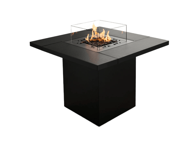 Cheminée de jardin à gaz – Planika Square – L 0,9 m × l 0,9 m × H 0,8 m – table ext. avec compartiment bouteille, résistante