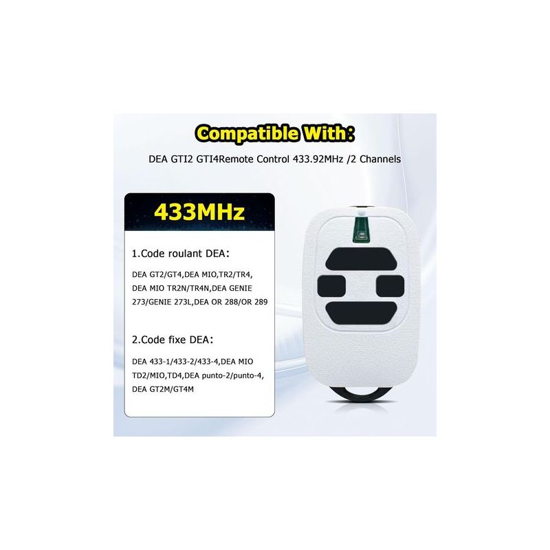 Telecommande Portail 433,92MHz Compatible avec DEA GTI2/4, GT2/4, Mio ...