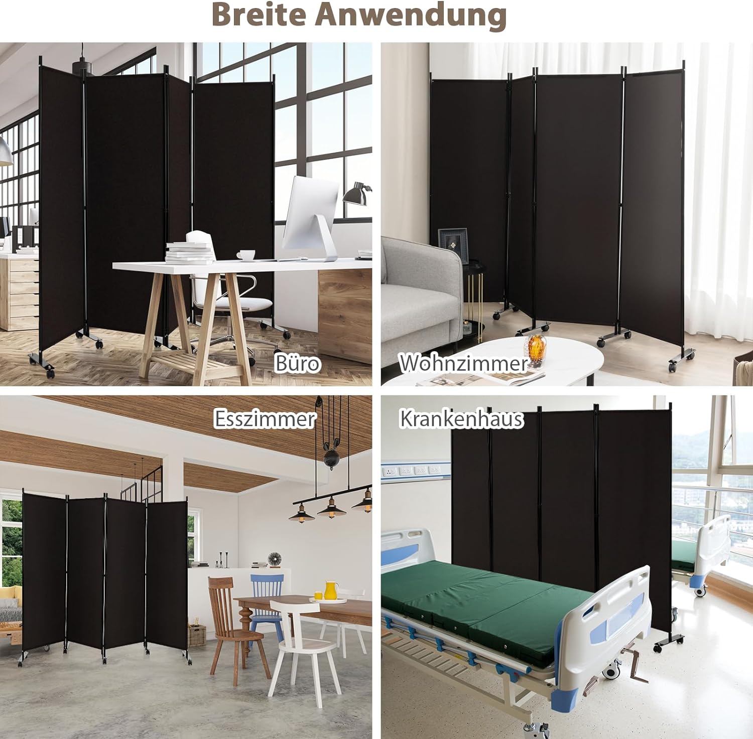Paravent Séparation Pliable 173×225CM, 4 Panneaux avec roulettes, , Cadre en Métal, Idéal pour Salon,Bureau,Hôpital,Café - 6