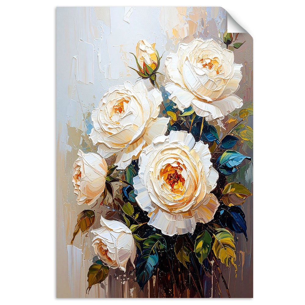Naklejka na ścianę do salonu sypialni, Róże Białe Kwiaty Bukiet 70x100