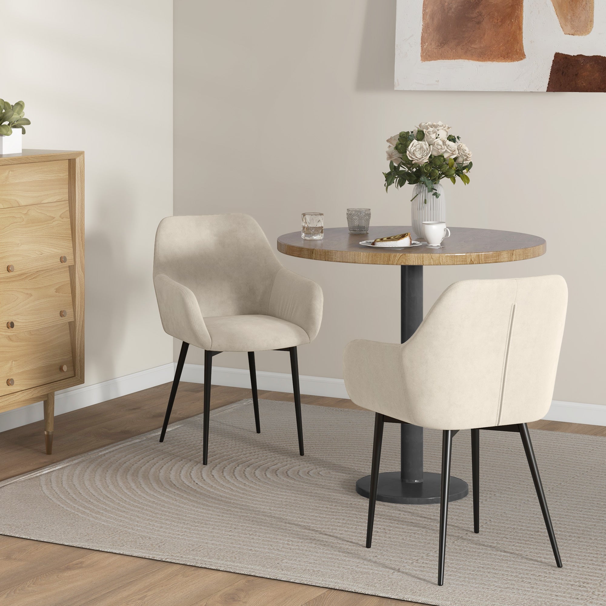 HOMCOM Set 2 Sedie da Pranzo Nordiche Imbottite con Braccioli Ricurvi in Tessuto Effetto Velluto, 54x57x80 cm, Crema - 2