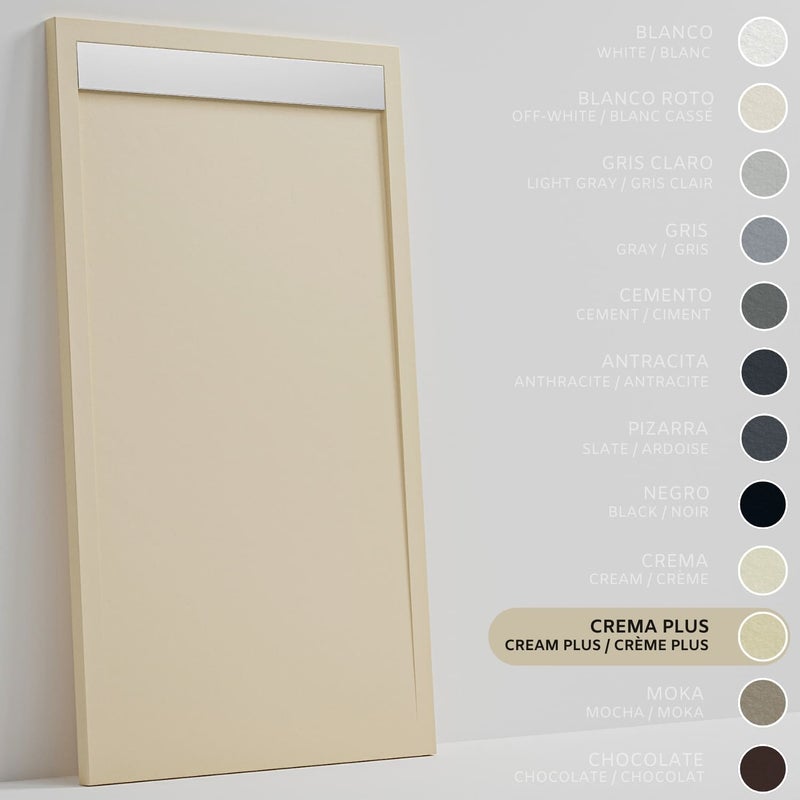 SOULHOME Brodzik prysznicowy– Żywica– Gel Coat– Gładka/Kamienna tekstura – Antypoślizgowy – intensywnie kremowy- 150x80- Niski 3cm– Ruszt INOX