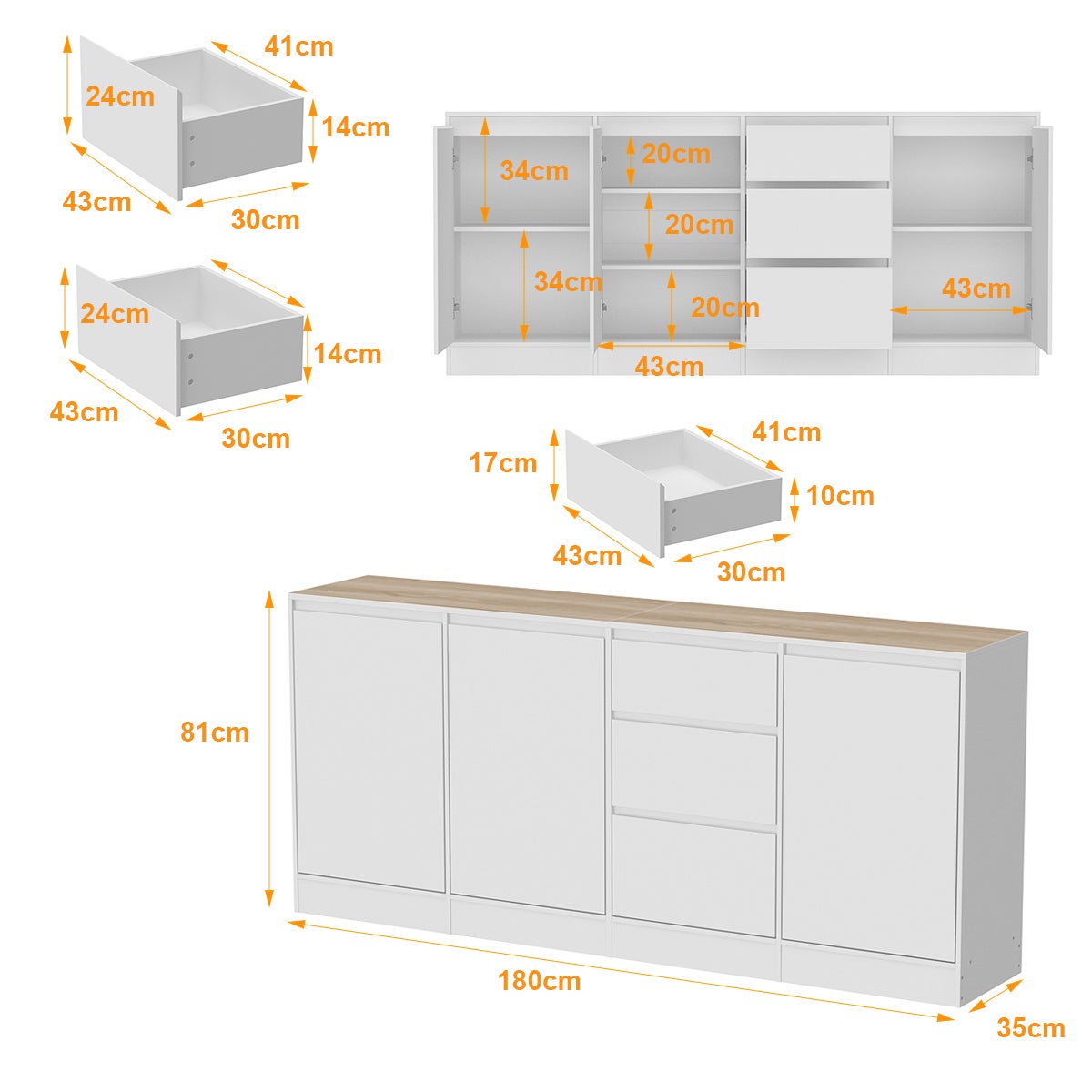 Buffet Bas avec 3 Portes et 3 Tiroirs pour Salon, Meuble de Rangement avec Plateau avec Aspect du bois, 180 x 35 x 80 cm, Blanc Mat - 3