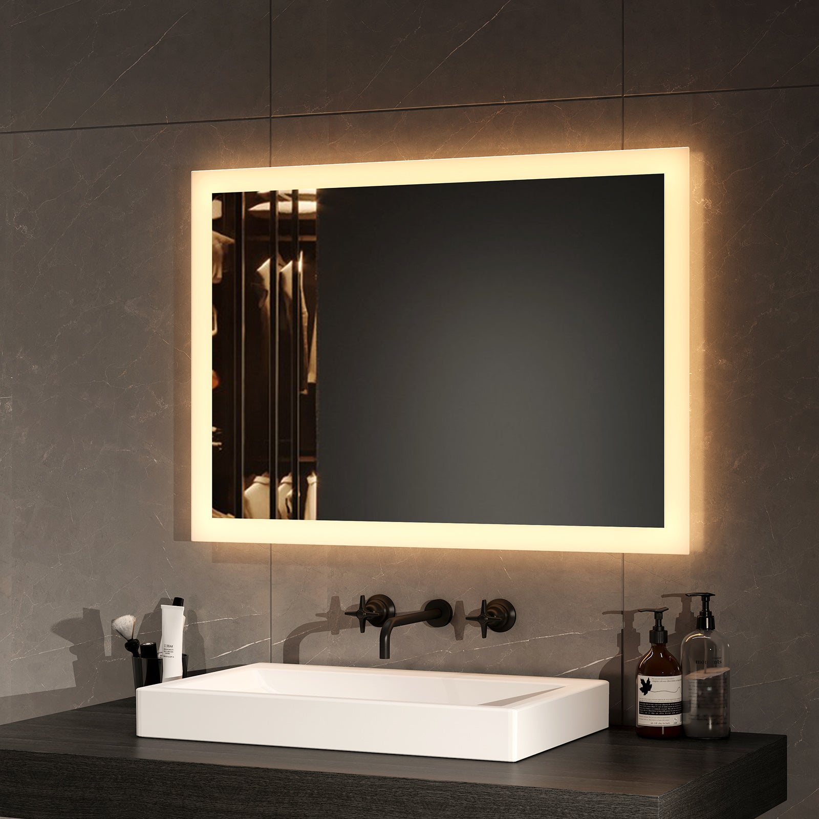 EMKE Lustro łazienkowe z oświetleniem LED 70x50cm, z ciepłym białym światłem, IP44, Włącznik ścienny (brak w zestawie)