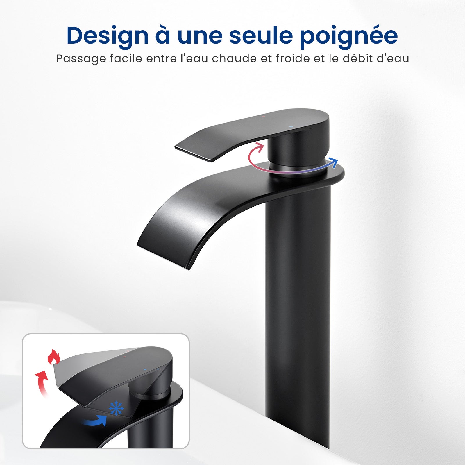Mitigeur Robinet de Lavabo Cascade Noir Moderne Mitigeur Robinet Salle Bain pour Vasque à Poser Robinetterie Convient pour un Lavabo - 3