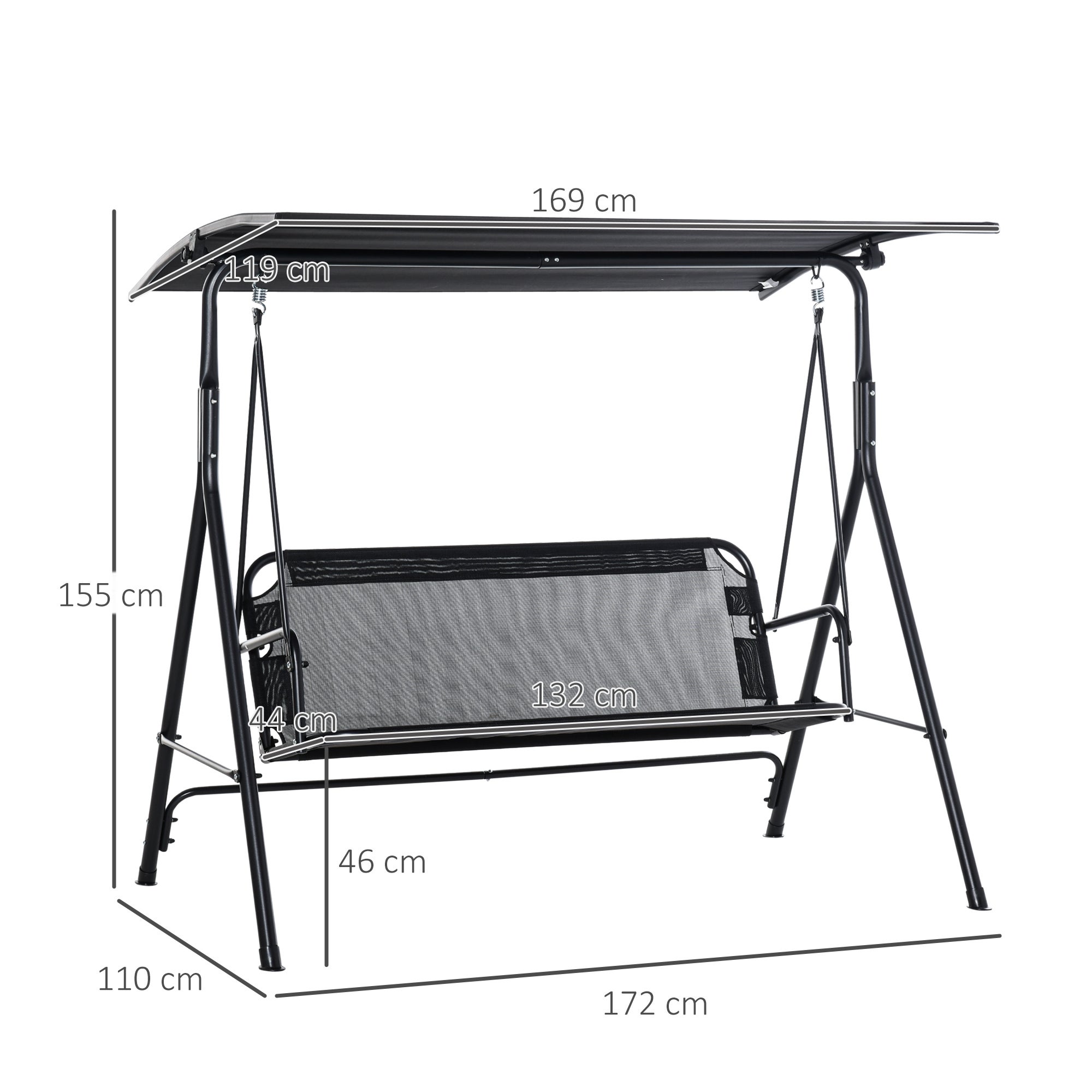 Baloiço de Jardim Outsunny Preto Metal, Poliéster, Textileno 172x110x155cm - 3